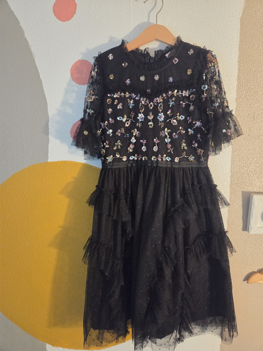 Black Floral Embroidered Tulle Midi Dress